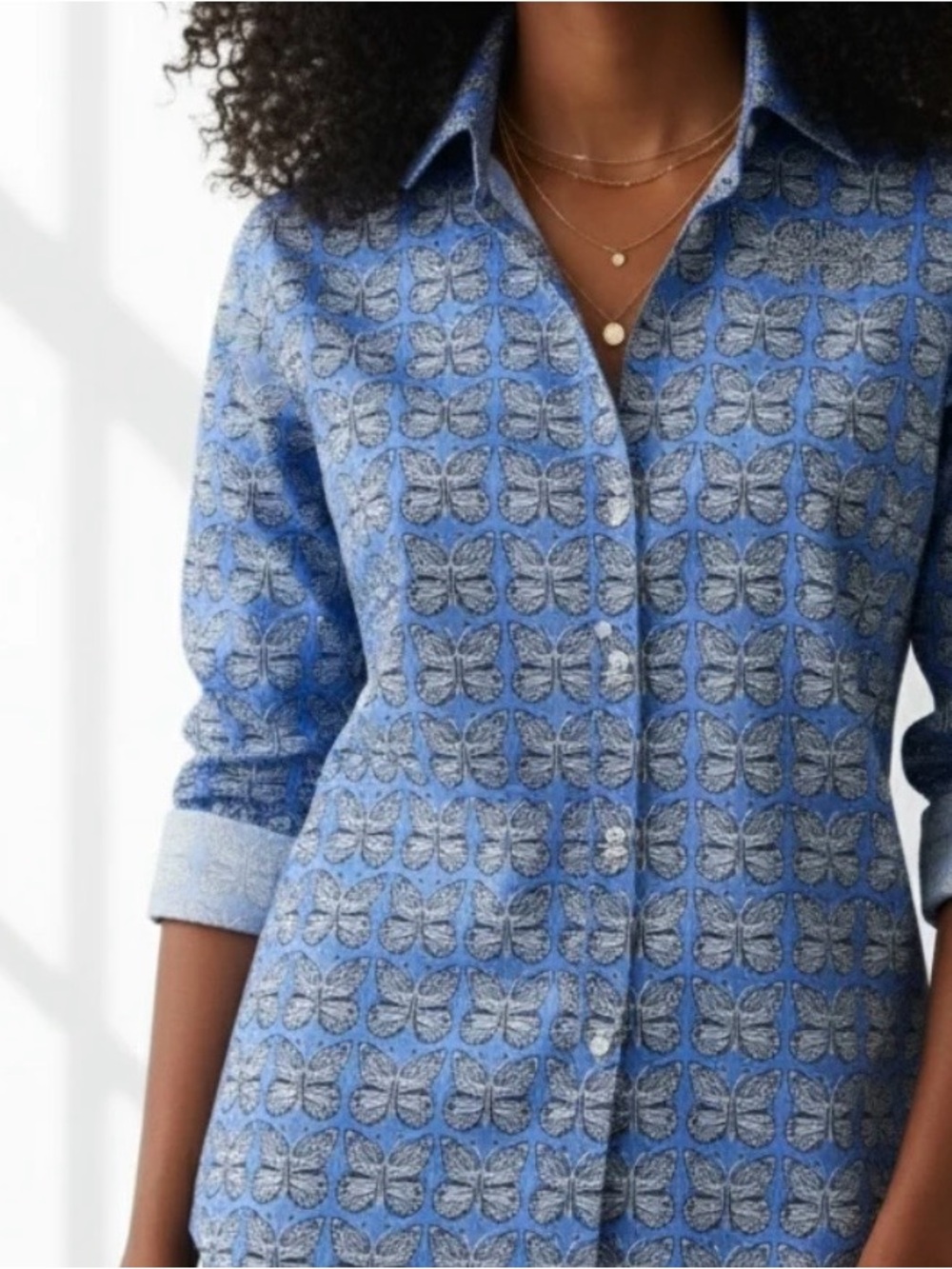 Sigrid Olsen Blue Butterfly Jacquard Button-Down Shirt